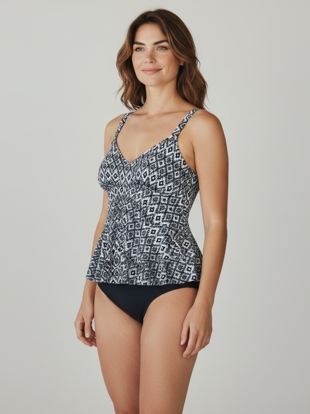 Swim Solutions Fauxkini Swimsuit Womens‎ 20W Navy Geometric Tiered Tummy Control
